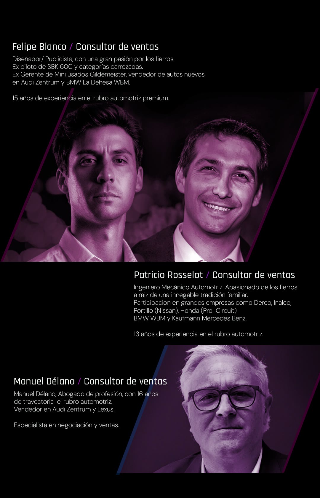 Equipo Blanco Rosselot Car Store — Felipe Blanco, Patricio Rosselot y Manuel Délano, consultores de ventas.