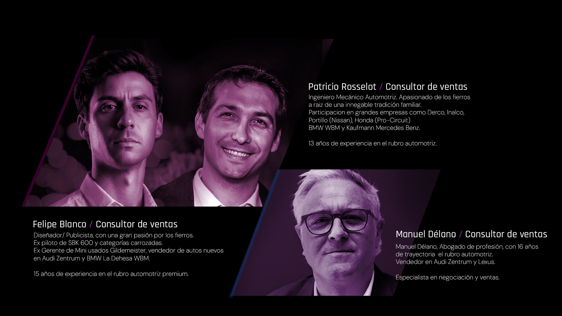Equipo Blanco Rosselot Car Store — Patricio Rosselot, Felipe Blanco y Manuel Délano, consultores de ventas.